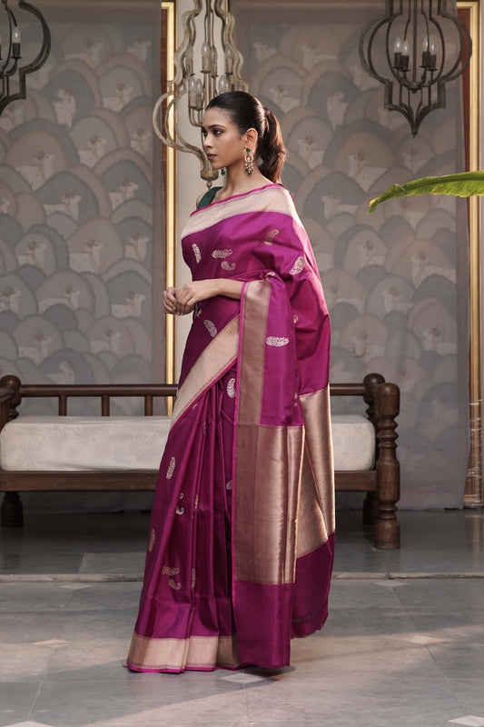Dark Magenta Pure Banarasi Handloom Katan Silk With Kadua weaving
