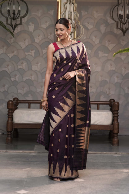 Dark Wine Pure Banarasi Handloom Katan Silk saree with Temple border Bindi buta