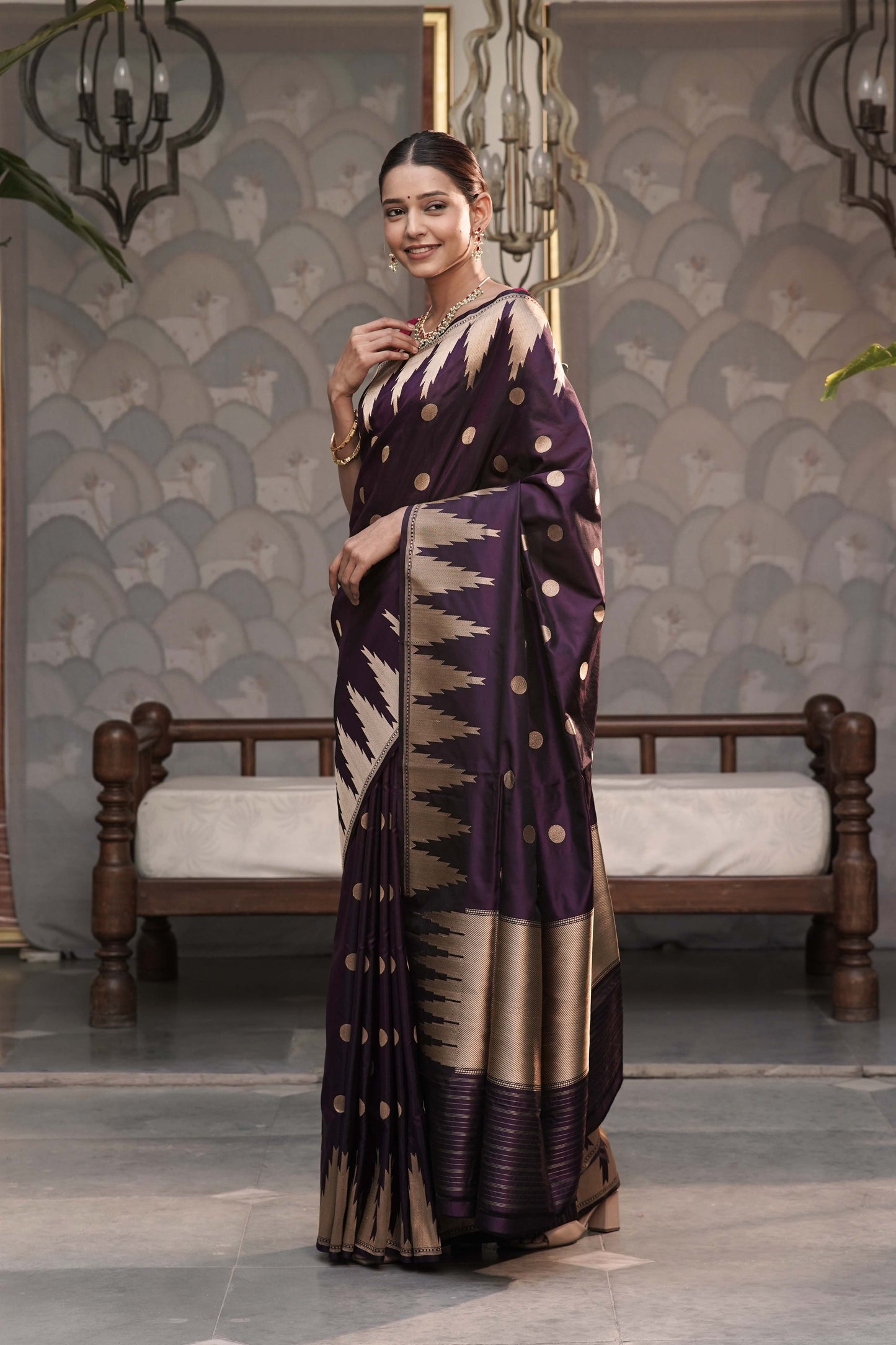 Dark Wine Pure Banarasi Handloom Katan Silk saree with Temple border Bindi buta