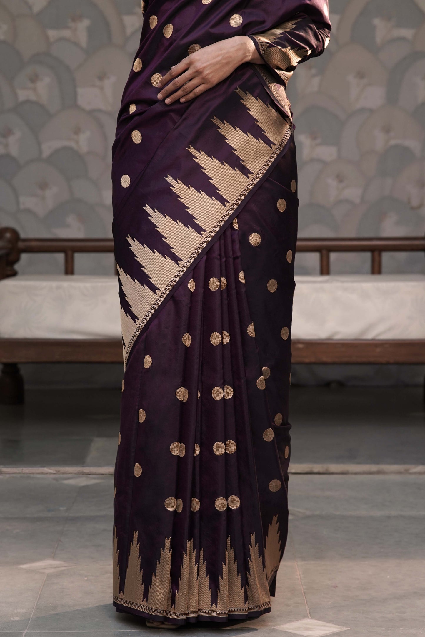 Dark Wine Pure Banarasi Handloom Katan Silk saree with Temple border Bindi buta