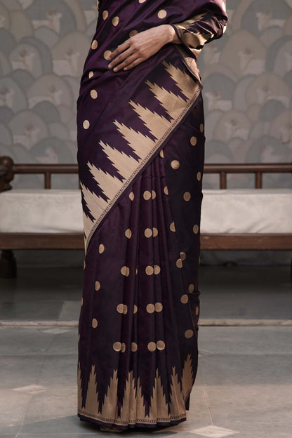 Dark Wine Pure Banarasi Handloom Katan Silk saree with Temple border Bindi buta