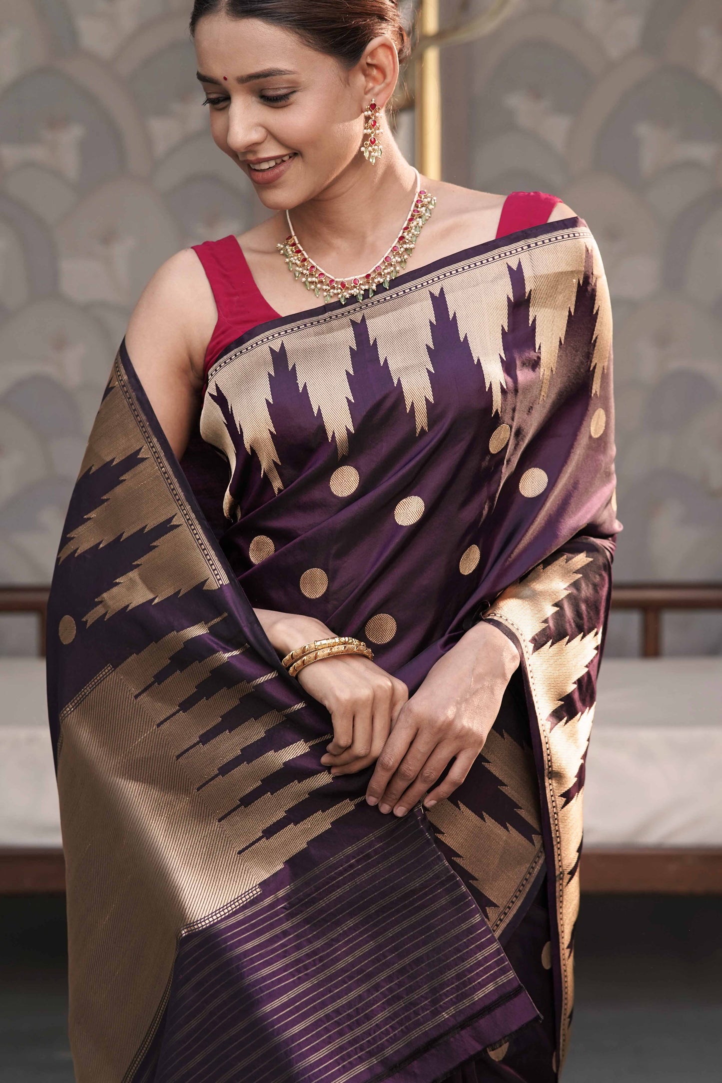 Dark Wine Pure Banarasi Handloom Katan Silk saree with Temple border Bindi buta