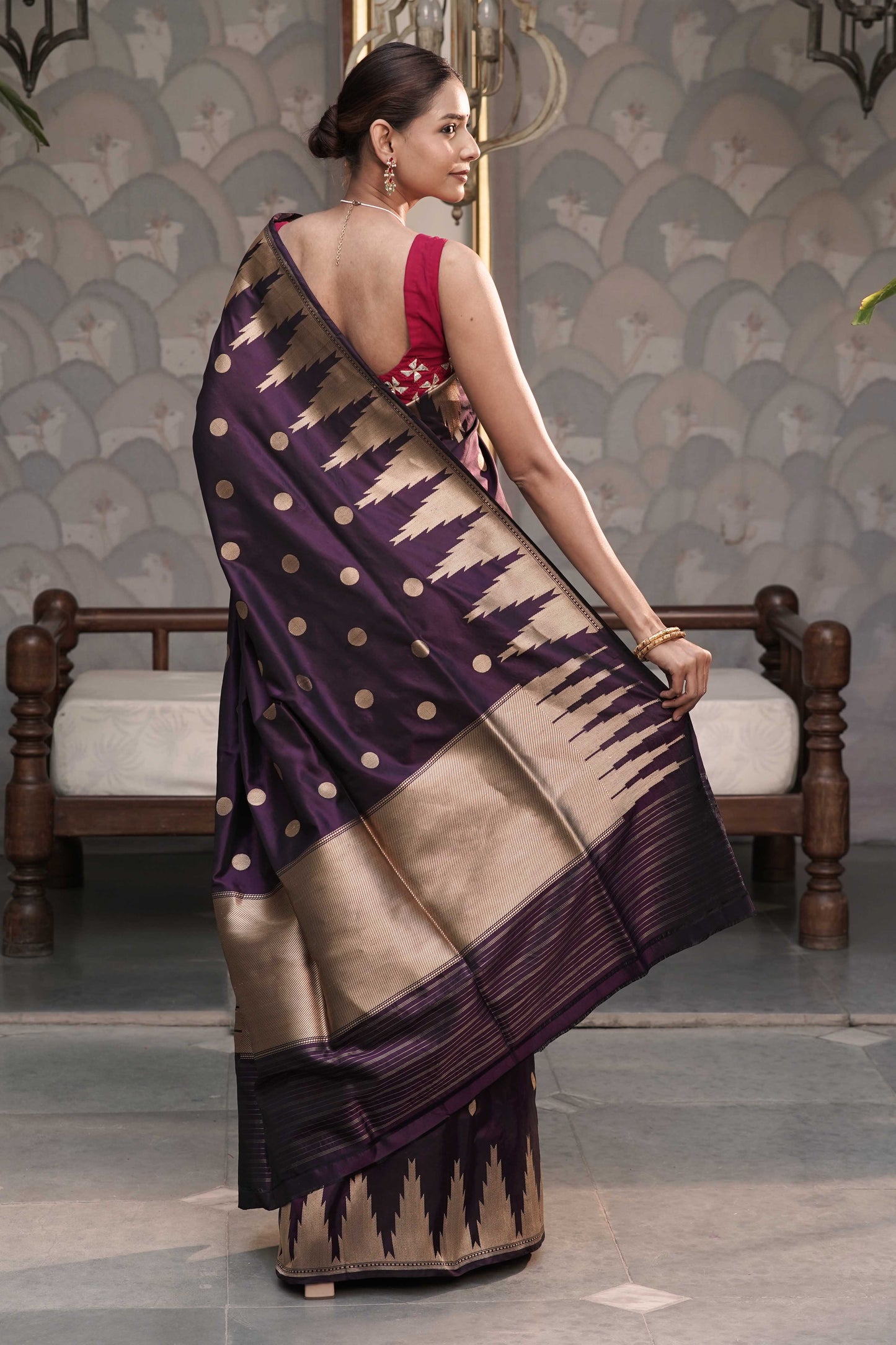 Dark Wine Pure Banarasi Handloom Katan Silk saree with Temple border Bindi buta