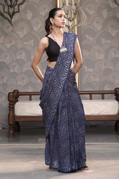Indigo Chiffon Georgette Saree in Ajrakh-inspired Floral Medallion Handblock print combined with tribal border palla