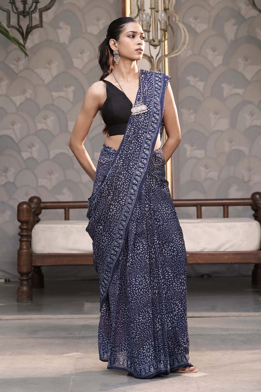 Indigo Chiffon Georgette Saree in Ajrakh-inspired Floral Medallion Handblock print combined with tribal border palla