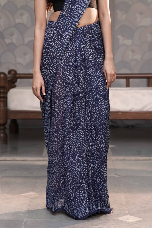 Indigo Chiffon Georgette Saree in Ajrakh-inspired Floral Medallion Handblock print combined with tribal border palla