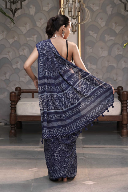 Indigo Chiffon Georgette Saree in Ajrakh-inspired Floral Medallion Handblock print combined with tribal border palla