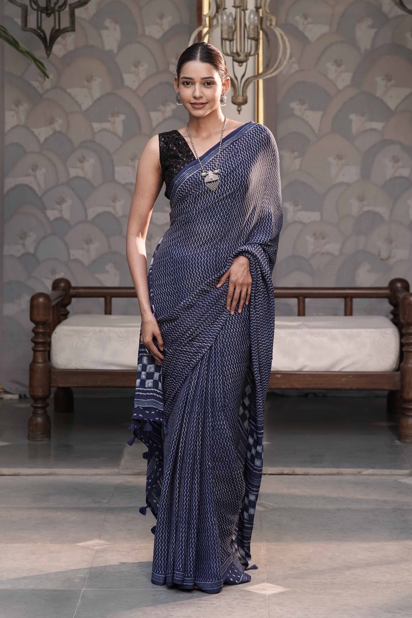 Indigo Chiffon Georgette Saree in Leheriya-inspired Zig Zag Hand block print combined with checkered pallu