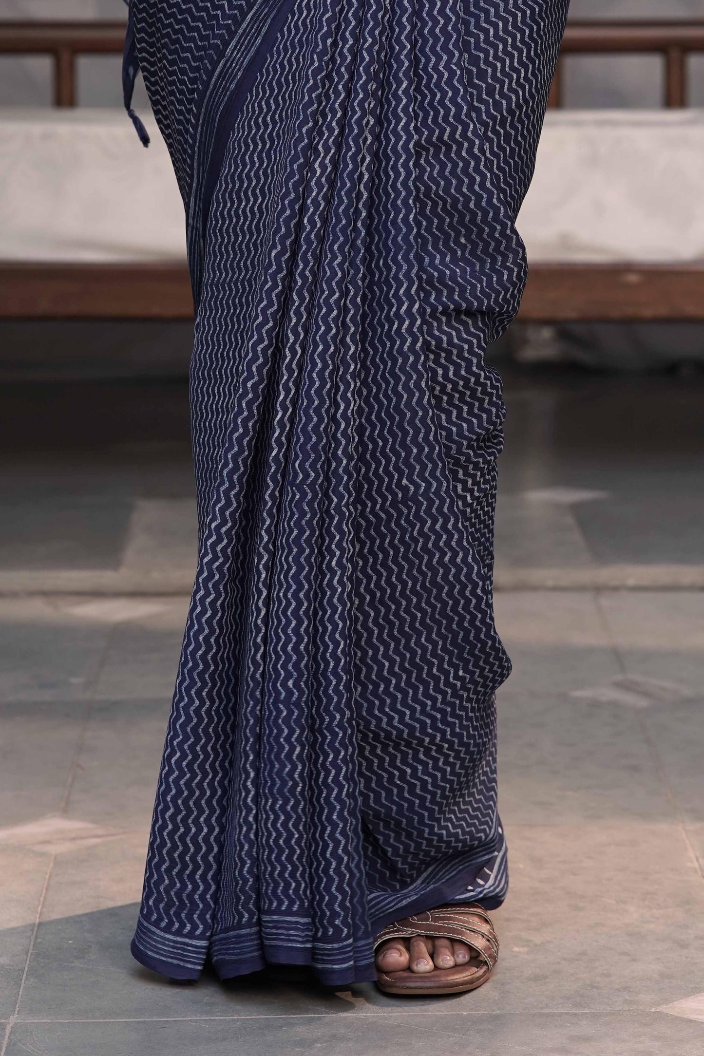 Indigo Chiffon Georgette Saree in Leheriya-inspired Zig Zag Hand block print combined with checkered pallu
