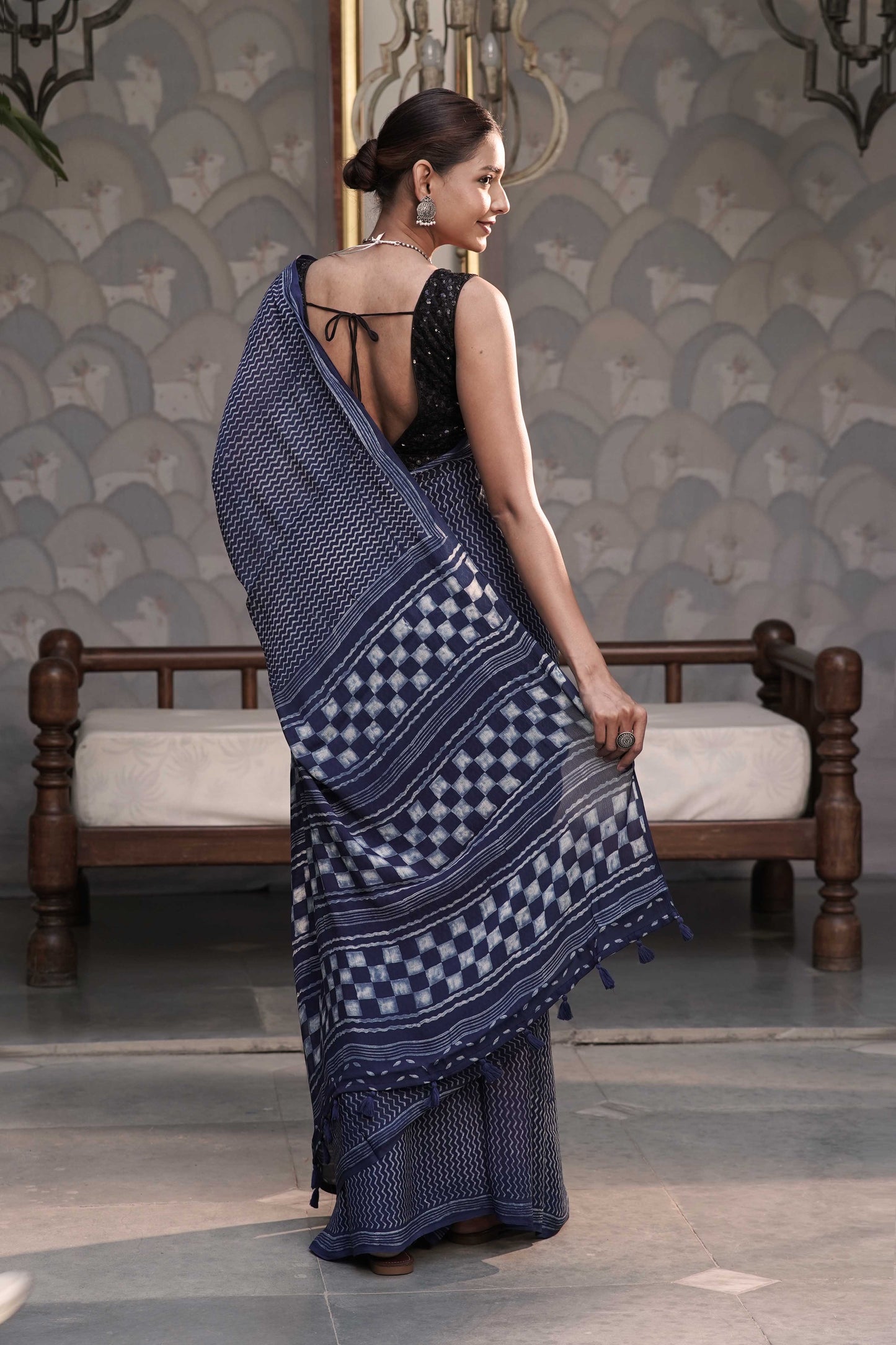 Indigo Chiffon Georgette Saree in Leheriya-inspired Zig Zag Hand block print combined with checkered pallu