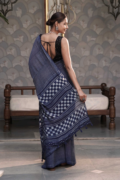 Indigo Chiffon Georgette Saree in Leheriya-inspired Zig Zag Hand block print combined with checkered pallu