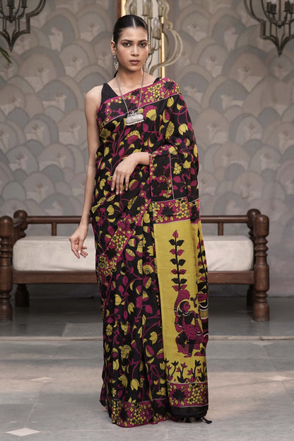 Black Kalamkari Digital print with contrast figurative story pallu and contrast off-white unstitched blouse in kalamkari print
