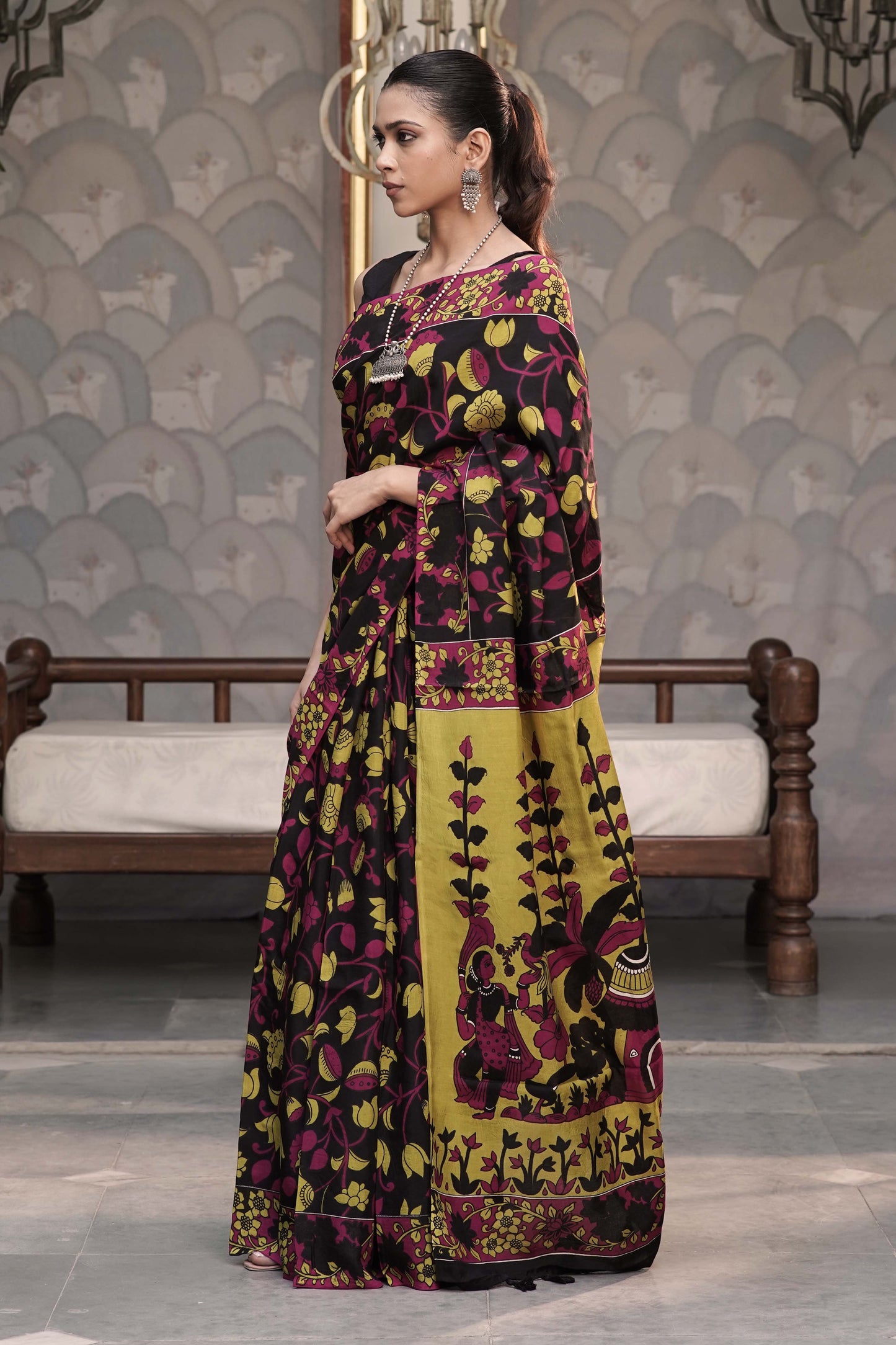 Black Kalamkari Digital print with contrast figurative story pallu and contrast off-white unstitched blouse in kalamkari print