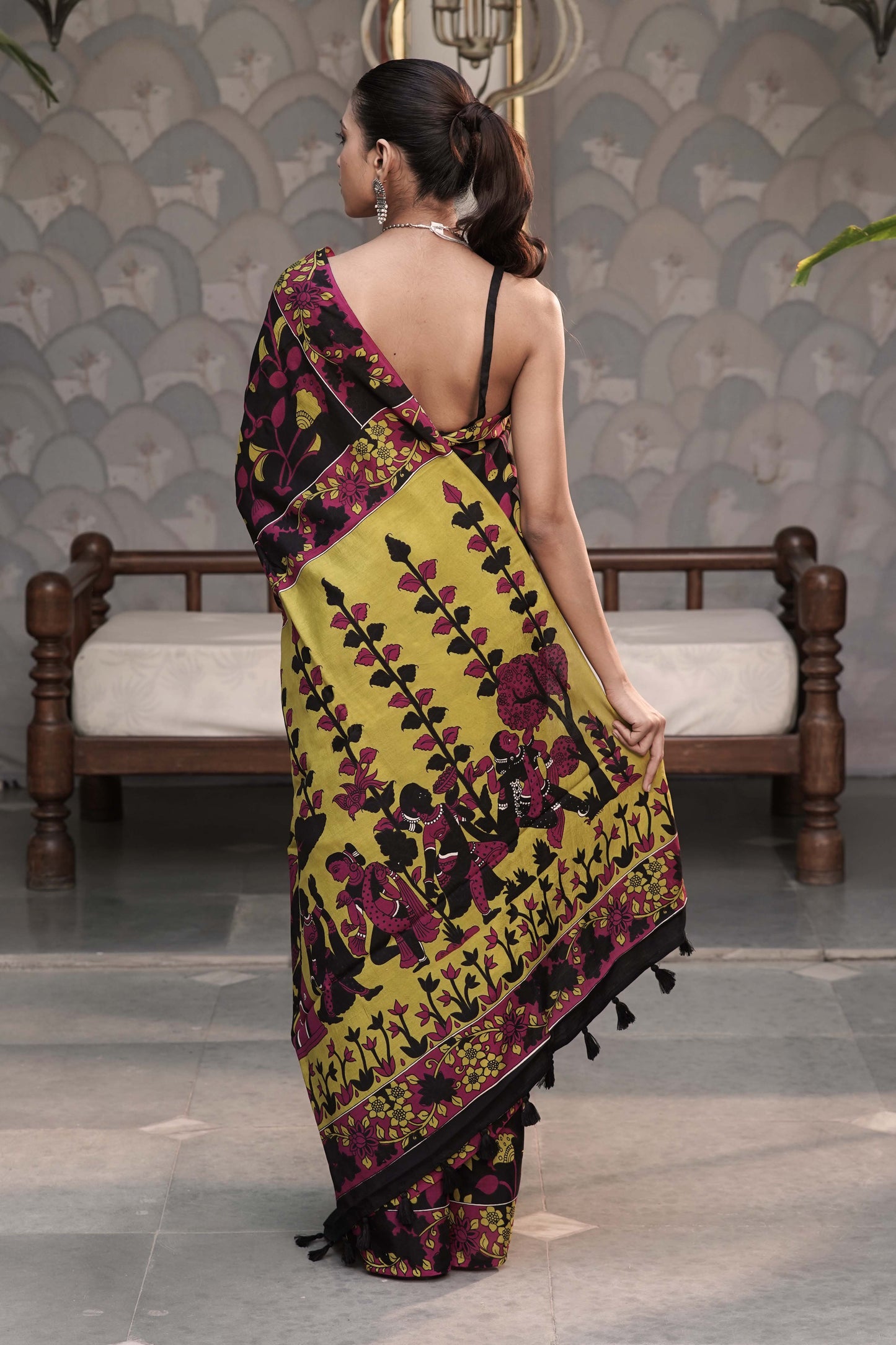 Black Kalamkari Digital print with contrast figurative story pallu and contrast off-white unstitched blouse in kalamkari print