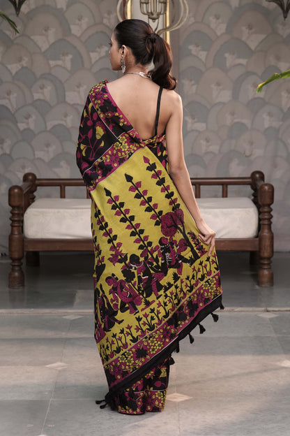Black Kalamkari Digital print with contrast figurative story pallu and contrast off-white unstitched blouse in kalamkari print