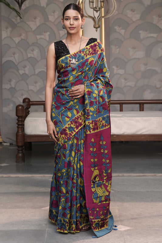 Blue Kalamkari Digital print with contrast figurative story pallu and contrast off-white unstitched blouse in kalamkari print