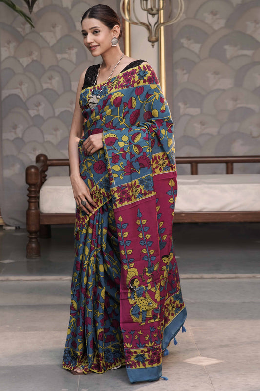 Blue Kalamkari Digital print with contrast figurative story pallu and contrast off-white unstitched blouse in kalamkari print