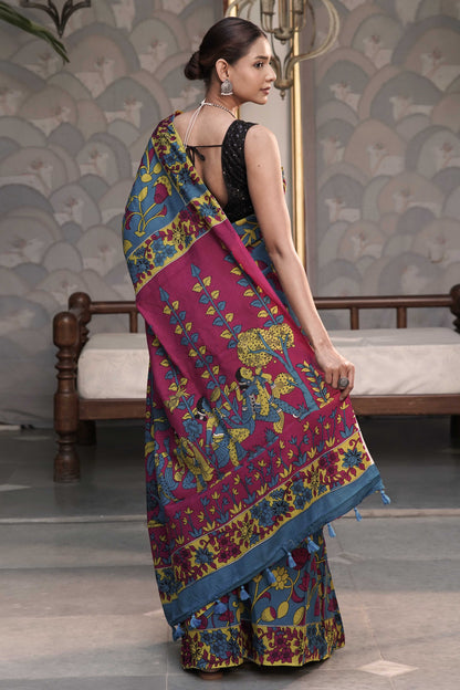 Blue Kalamkari Digital print with contrast figurative story pallu and contrast off-white unstitched blouse in kalamkari print