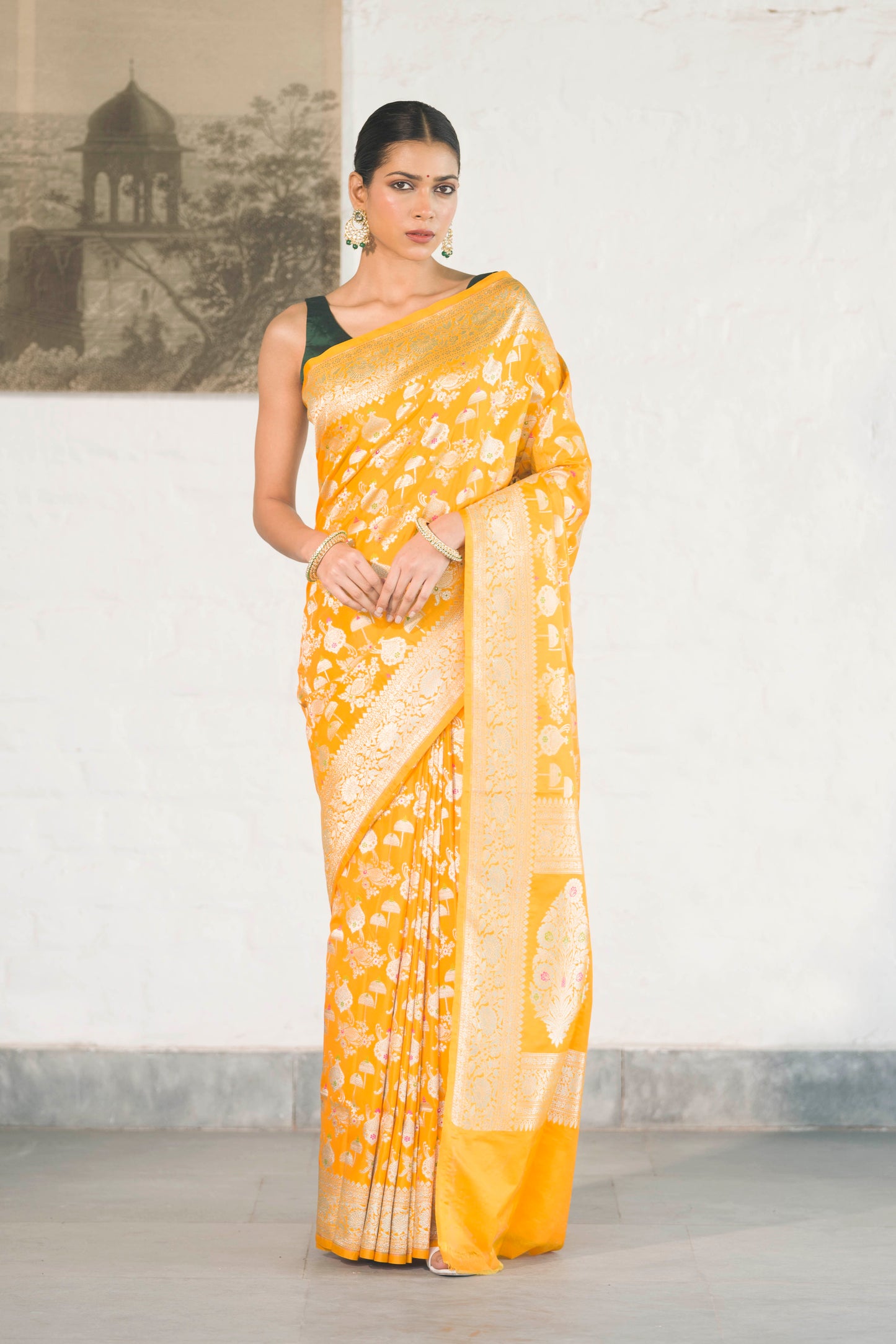 Yellow Katan Silk Blend featuring baraat ghar and jaal woven with meenakari and zari work