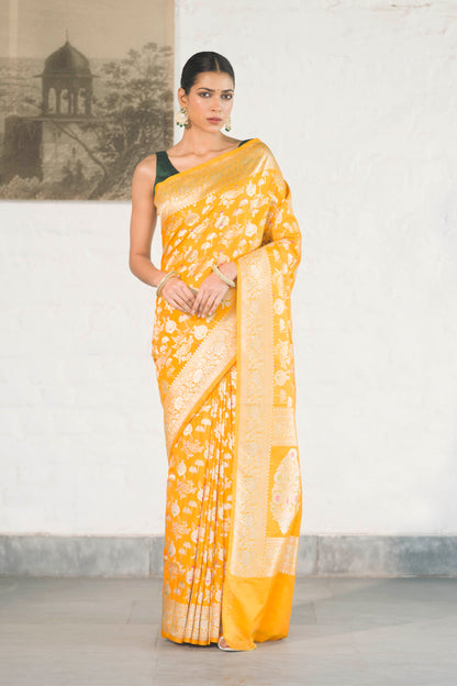 Yellow Katan Silk Blend featuring baraat ghar and jaal woven with meenakari and zari work