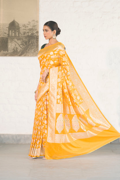 Yellow Katan Silk Blend featuring baraat ghar and jaal woven with meenakari and zari work