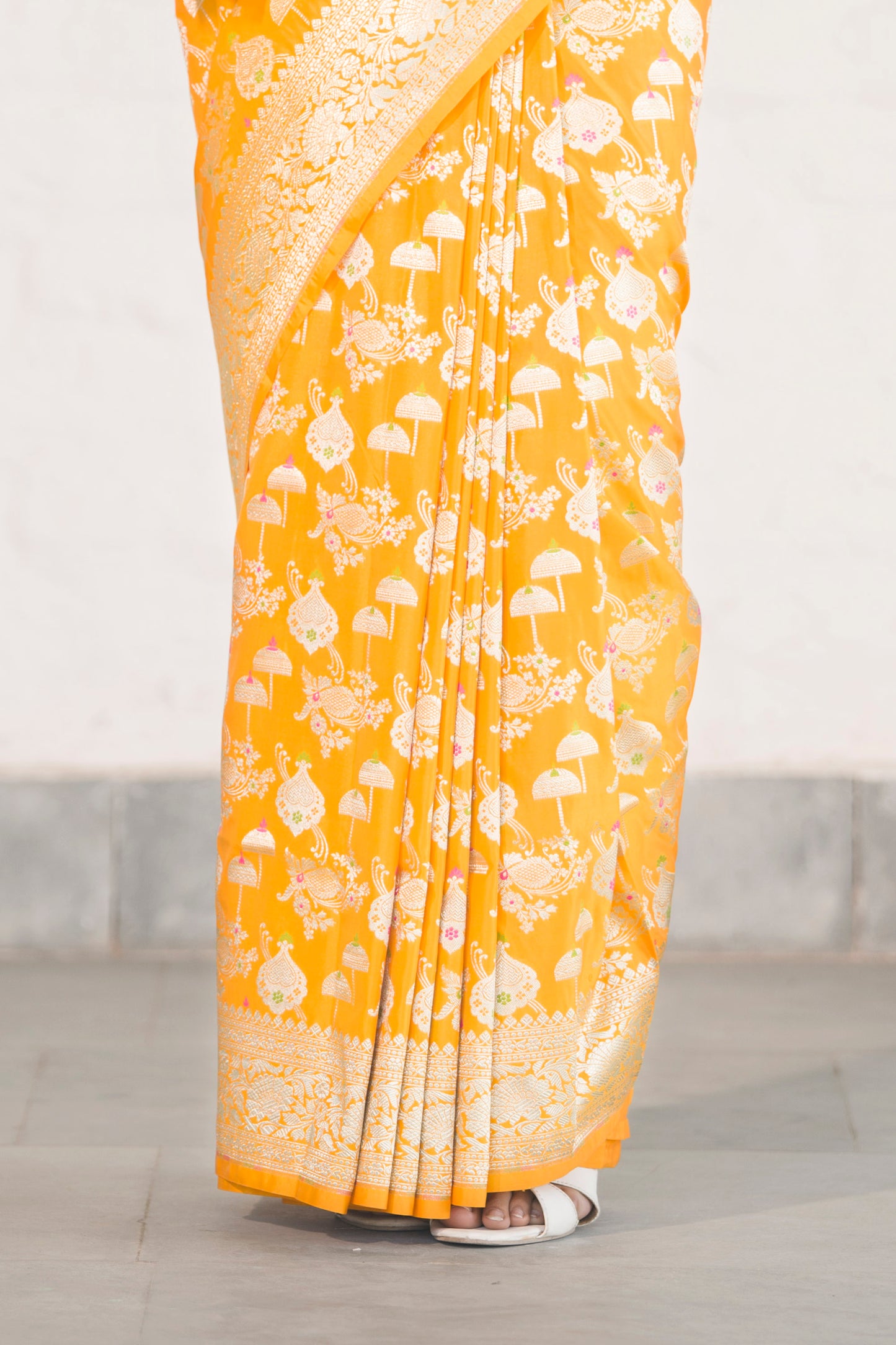 Yellow Katan Silk Blend featuring baraat ghar and jaal woven with meenakari and zari work