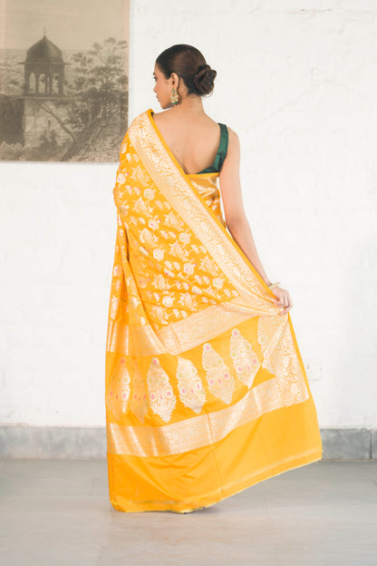 Yellow Katan Silk Blend featuring baraat ghar and jaal woven with meenakari and zari work