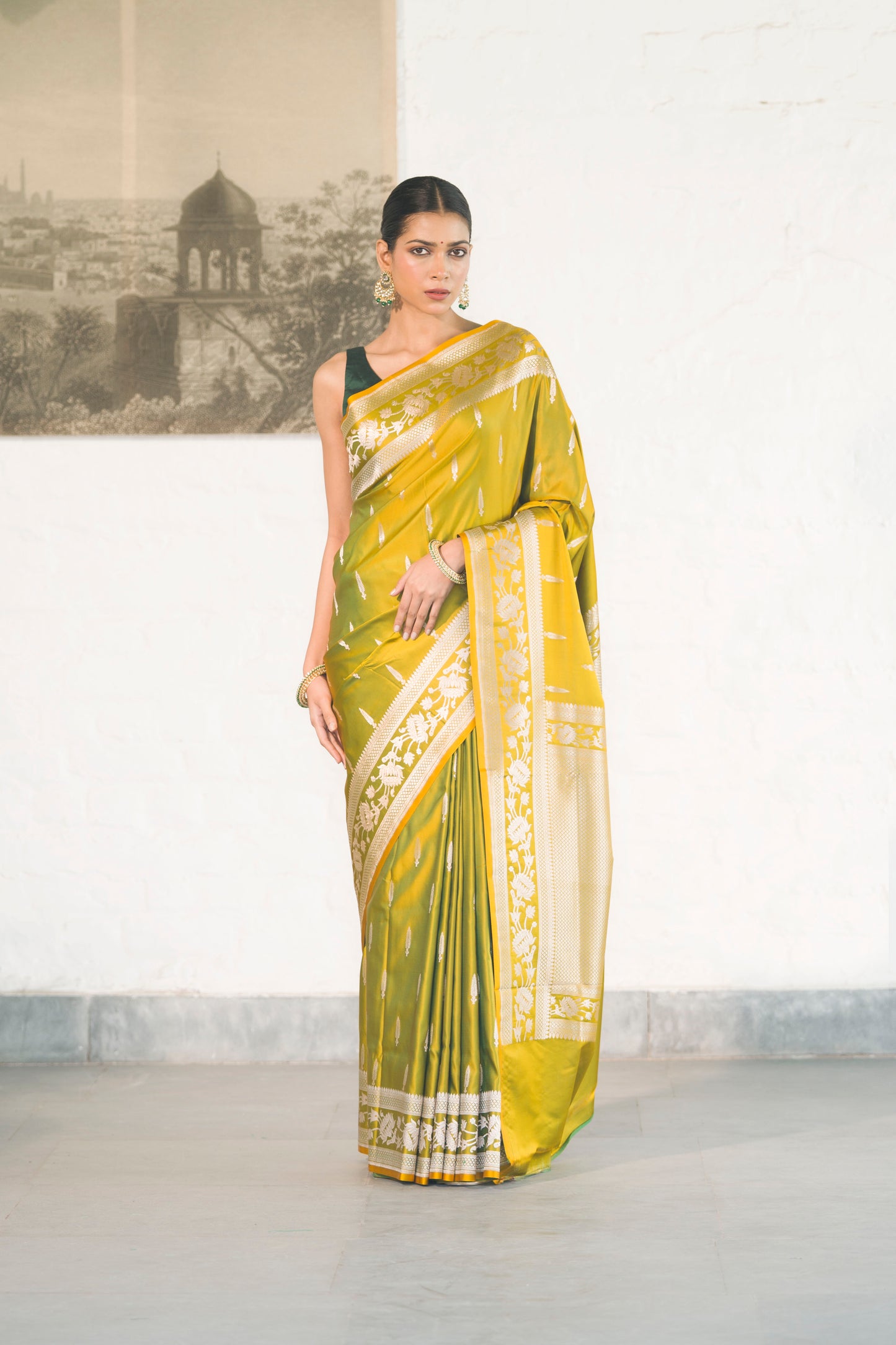 Green Dual Tone Mashru Silk Saree woven in Leaf inspired butis across body paired with Floral bel border