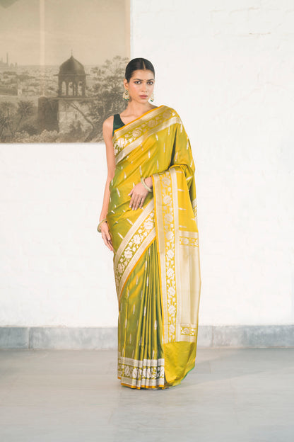 Green Dual Tone Mashru Silk Saree woven in Leaf inspired butis across body paired with Floral bel border
