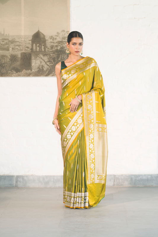 Green Dual Tone Mashru Silk Saree woven in Leaf inspired butis across body paired with Floral bel border