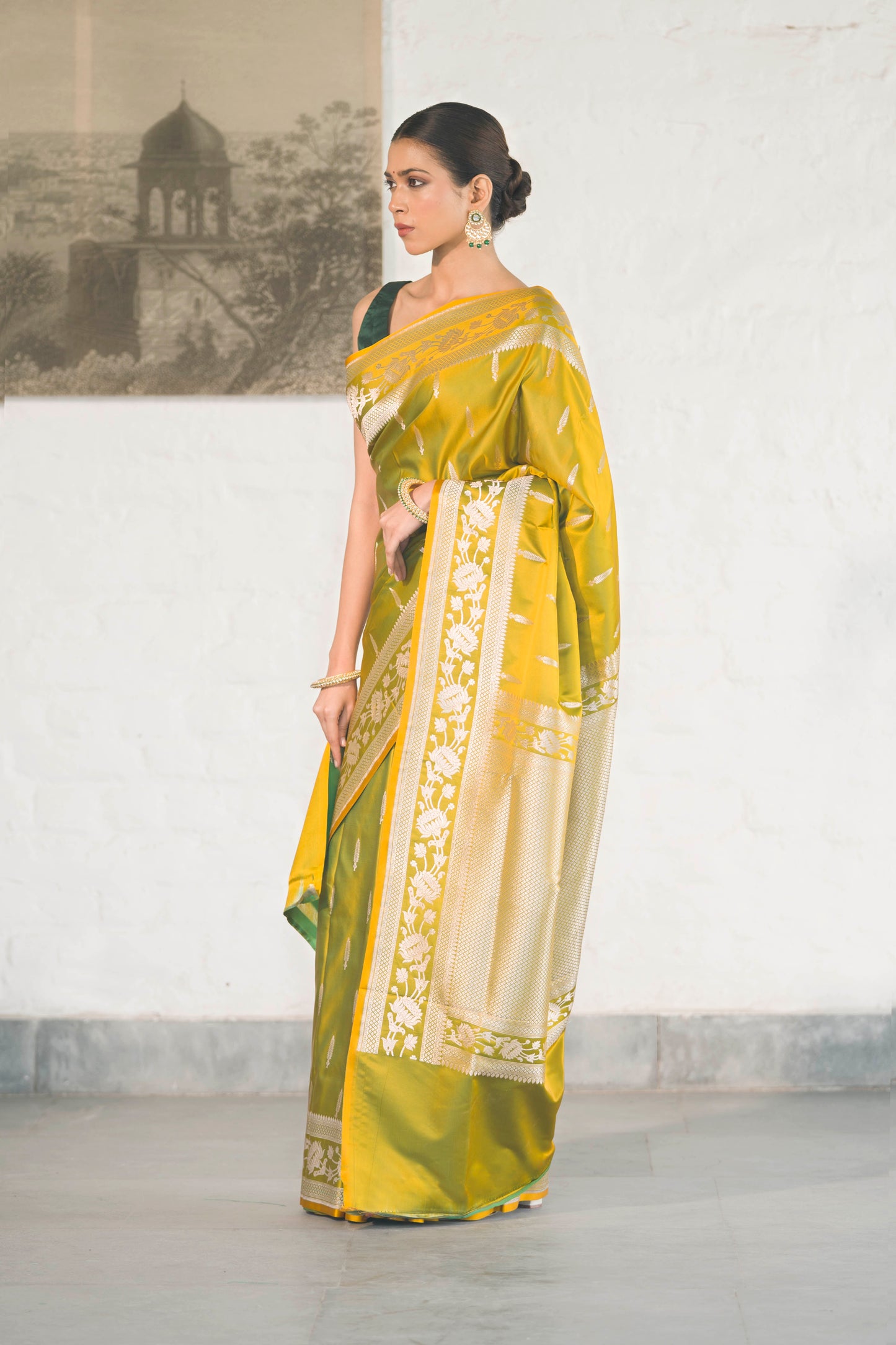Green Dual Tone Mashru Silk Saree woven in Leaf inspired butis across body paired with Floral bel border