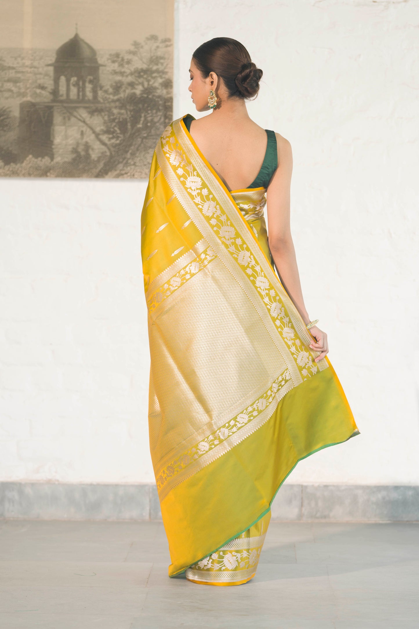 Green Dual Tone Mashru Silk Saree woven in Leaf inspired butis across body paired with Floral bel border
