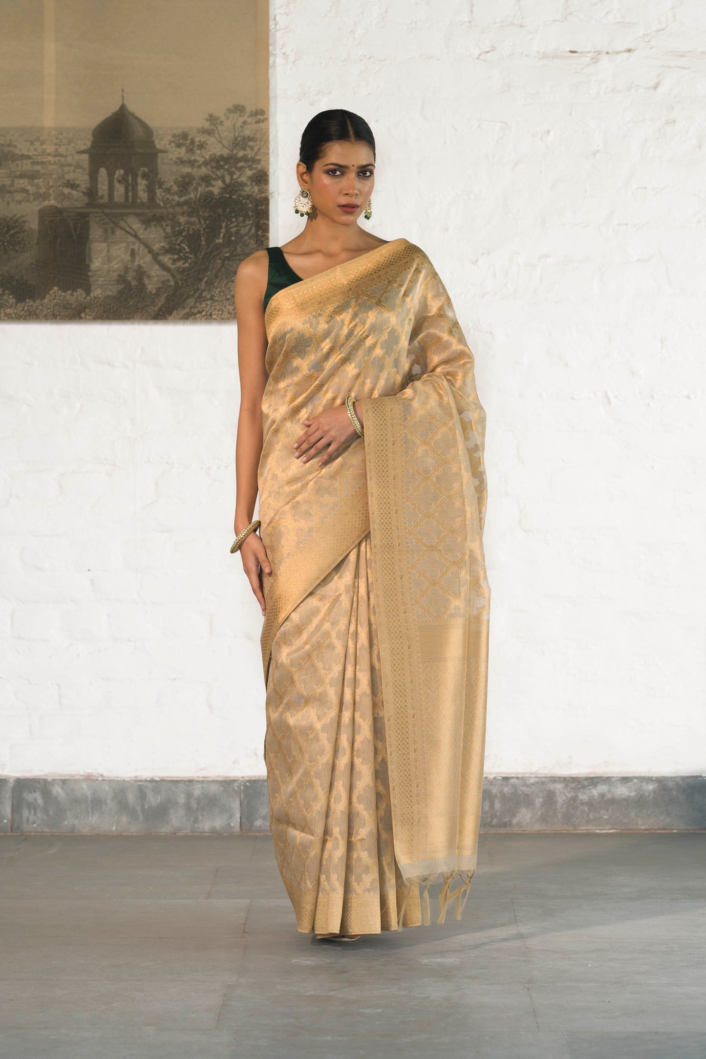 Golden Tissue Saree woven in Self Jacquard pattern with Traditional border and rich palla