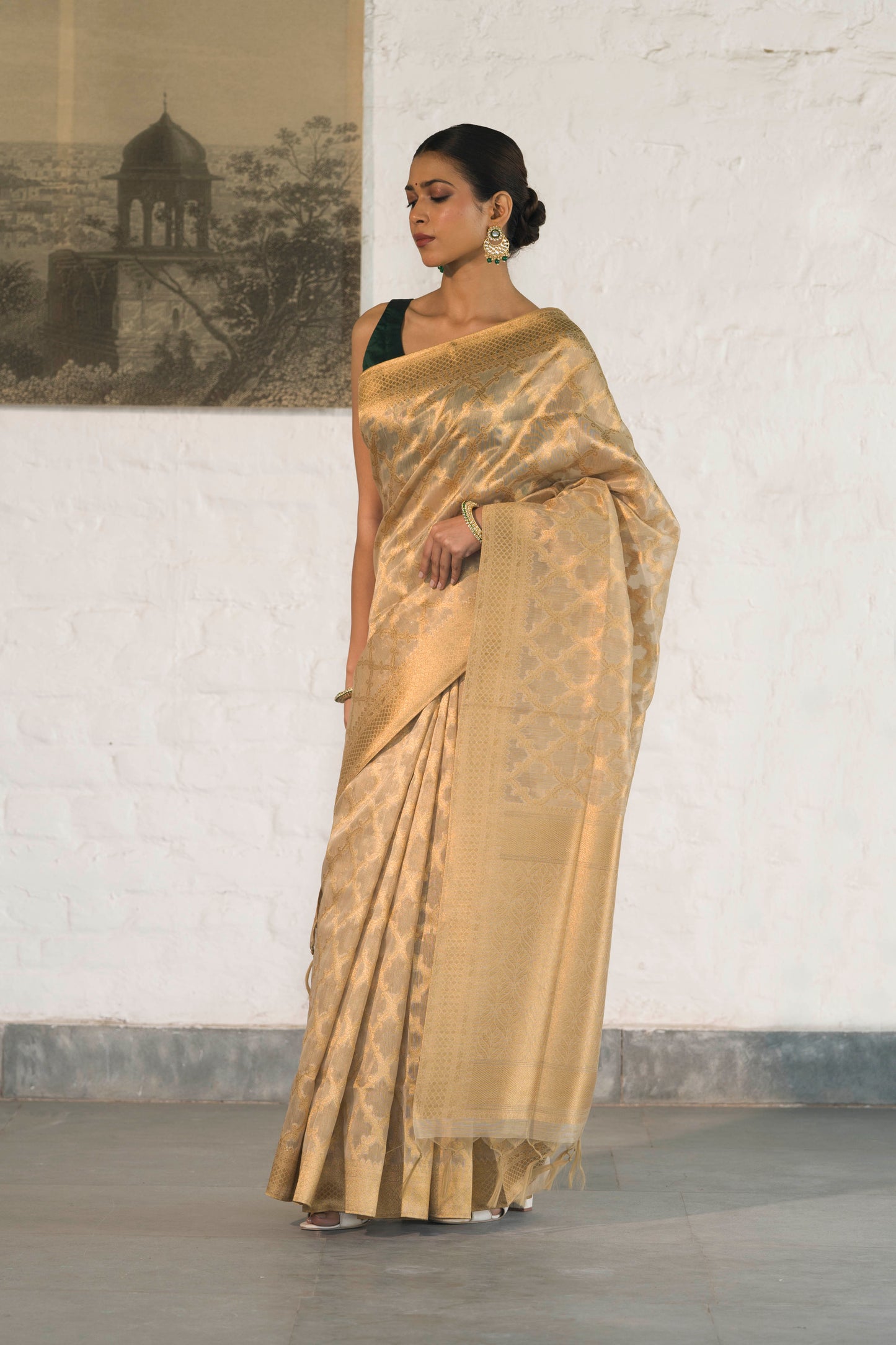 Golden Tissue Saree woven in Self Jacquard pattern with Traditional border and rich palla