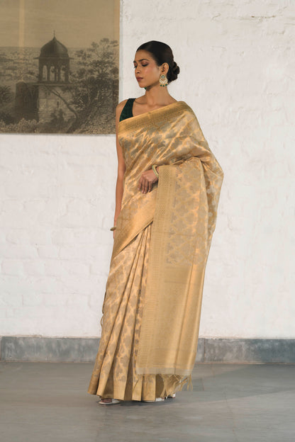 Golden Tissue Saree woven in Self Jacquard pattern with Traditional border and rich palla