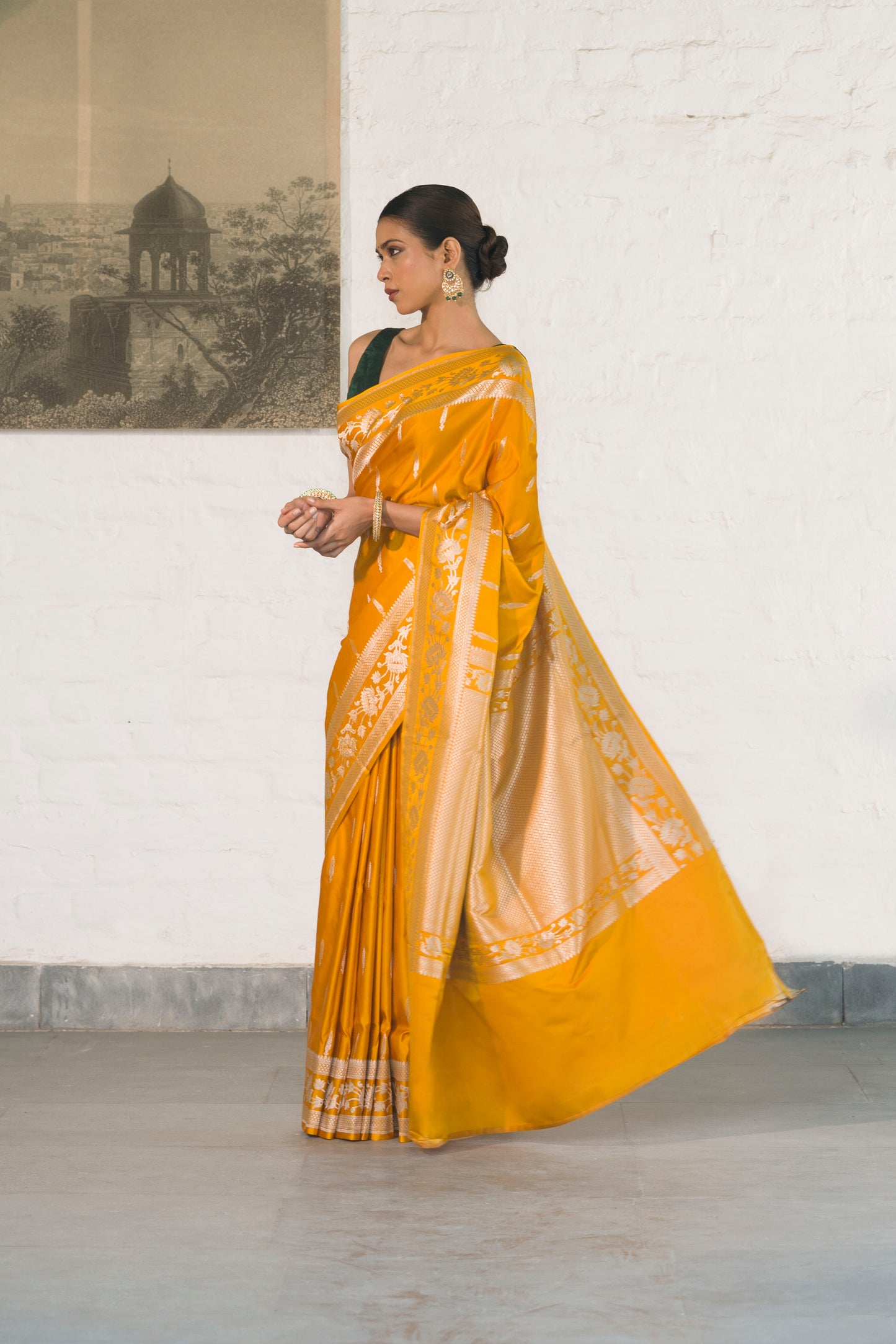 Yellow Mashru Silk Saree woven in Leaf inspired butis across body paired with Floral bel border